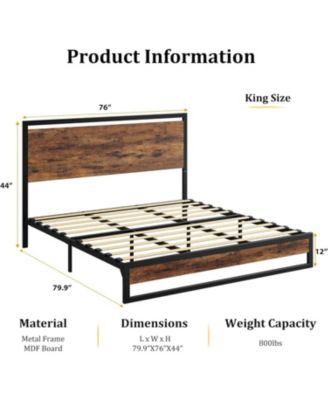 King Industrial Metal Bed Frame Headboard 12 Inch Under Bed Storage Platform Wood Slats No Box Spring Easy Assembly Noise-Free
