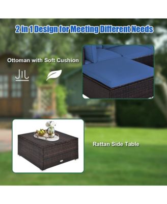 5PCS Rattan Patio Conversation Set Outdoor Furniture Set w/ Ottoman Navy Cushion