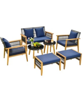 7 Piece Patio Rattan Conversation Set Woven Chair Set w/ 2 Coffee Tables