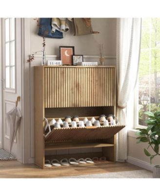 Slim Fluted Shoe Cabinet for Entryway Freestanding Narrow Shoe Storage with 2 Flip Drawers Open Bottom Shelf and Side Hooks for Foyer and Hall