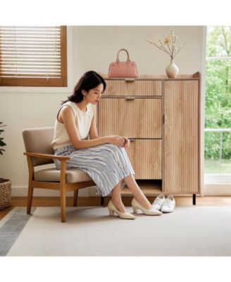 Shoe Storage Cabinet with 2 Flip Drawers Freestanding Shoe Metal Legs Wave Pattern Narrow Shoe Organizer C