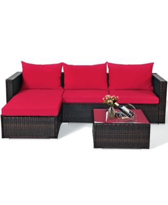5PCS Cushioned Rattan Patio Conversation Set with Ottoman Red Cushion