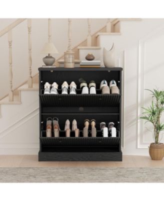 Fluted Shoe Cabinet with 2 Flip Drawers Narrow Cabinet with Adjustable Shelves