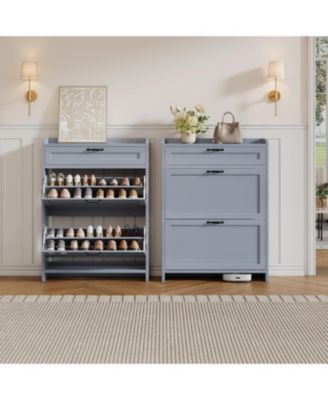 Shoe Cabinet with 2 Flip Drawers and 1 Top Drawer High-Gloss Painted Wood Shoe Freestanding Hidden Shoe Storage Cabi