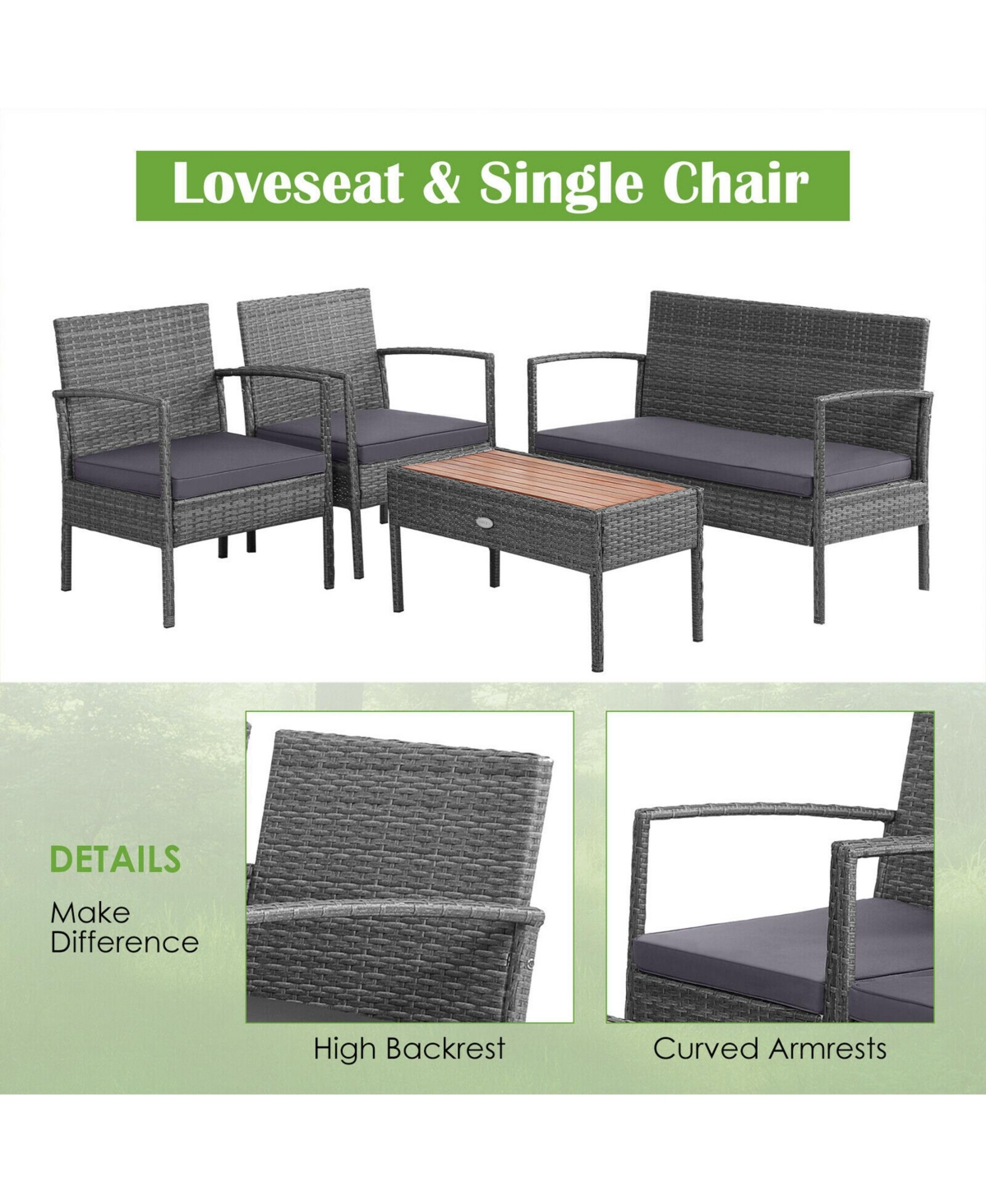 Gymax 8PCS Rattan Patio Conversation Furniture Set w/ Acacia Wood Tabletop and Cushions