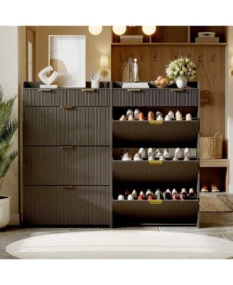 Modern Natural 3 Flip Drawer Shoe Cabinet with 2 Small Drawers & Hook – Slim Entryway Organizer