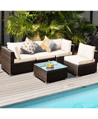 5PCS Rattan Patio Conversation Set Sofa Furniture Set w/ White Cushions