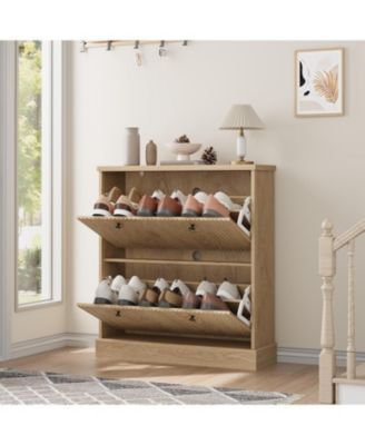 Fluted Shoe Cabinet with 2 Flip Drawers Narrow Cabinet with Adjustable Shelves and Elegant Handles Wooden Shoe Organizer
