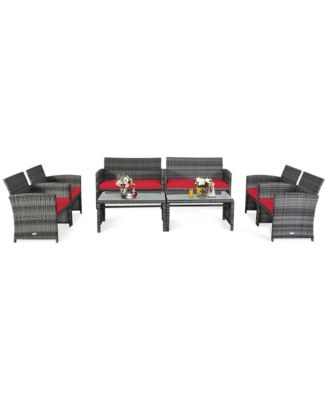 8PCS Patio Outdoor Rattan Conversation Furniture Set w/ Cushion