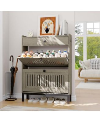 Shoe Storage Cabinet with 2 Flip Drawer Shoes Organizer with with Top Drawer Hollow Out Panel and Black Square Handles Adjustable Shoe Rack