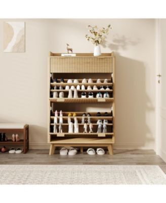 48 inch Tall Freestanding Fluted Shoe Storage Cabinet with 2 Flip Drawers Hidden Narrow Shoe Rack Organizer Cabinet Storage