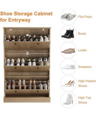 Shoe Cabinet with 3 Flip Drawers Modern Fluted Cabinet with Adjustable Shelves Freestanding Wooden Shoe Organizer