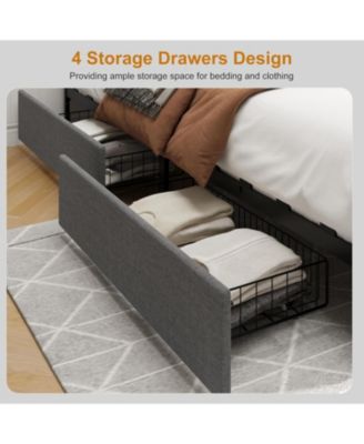 Platform Bed Frame, Fabric Upholstered with 4 Storage Drawers, No Box Spring Needed, Wooden Slats Support, Noise Free, Easy Assembly