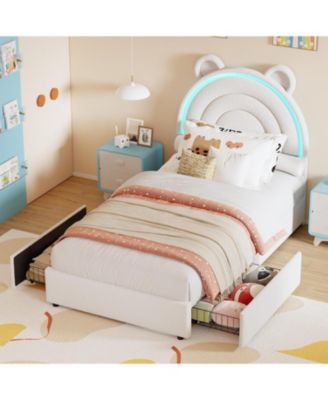 Twin Princess Upholstered Platform Bed with 4 Storage Drawers and LED Lights-Velvet Fabric- Rainbow Headboard- Solid Wood Slats- No Box Spring