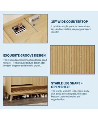 Fluted Shoe Cabinet Storage with 2 Flip Drawers and Sliding Door and Adjustable Shelf Rack Freestanding Wood Narrow Hidden Shoe Organizer