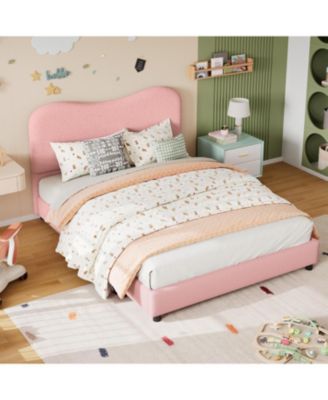 Boucle Bed Frame with Upholstered Headboard, Soft Low Profile Sturdy Platform Bed with Rounded Corners Design, Heavy Duty, Wooden Slats