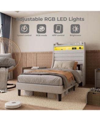 Bed Frame, Platform Bed with Upholstered Headboard and LED Lights, Modern Bed Frame with Under Bed Storage Space, Charging Station