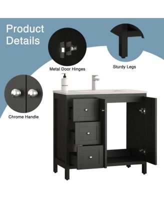 35.4" Munich Black Bathroom Vanity with Basin, Plywood Cabinet with Soft Closing Doors & 3 Drawers Storage for Small Bathrooms
