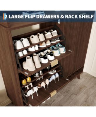 Space-Saving Fluted Shoe Cabinet for Entryway – Narrow Freestanding Wooden Shoe Organizer with Sliding Door 2 Turn Drawers