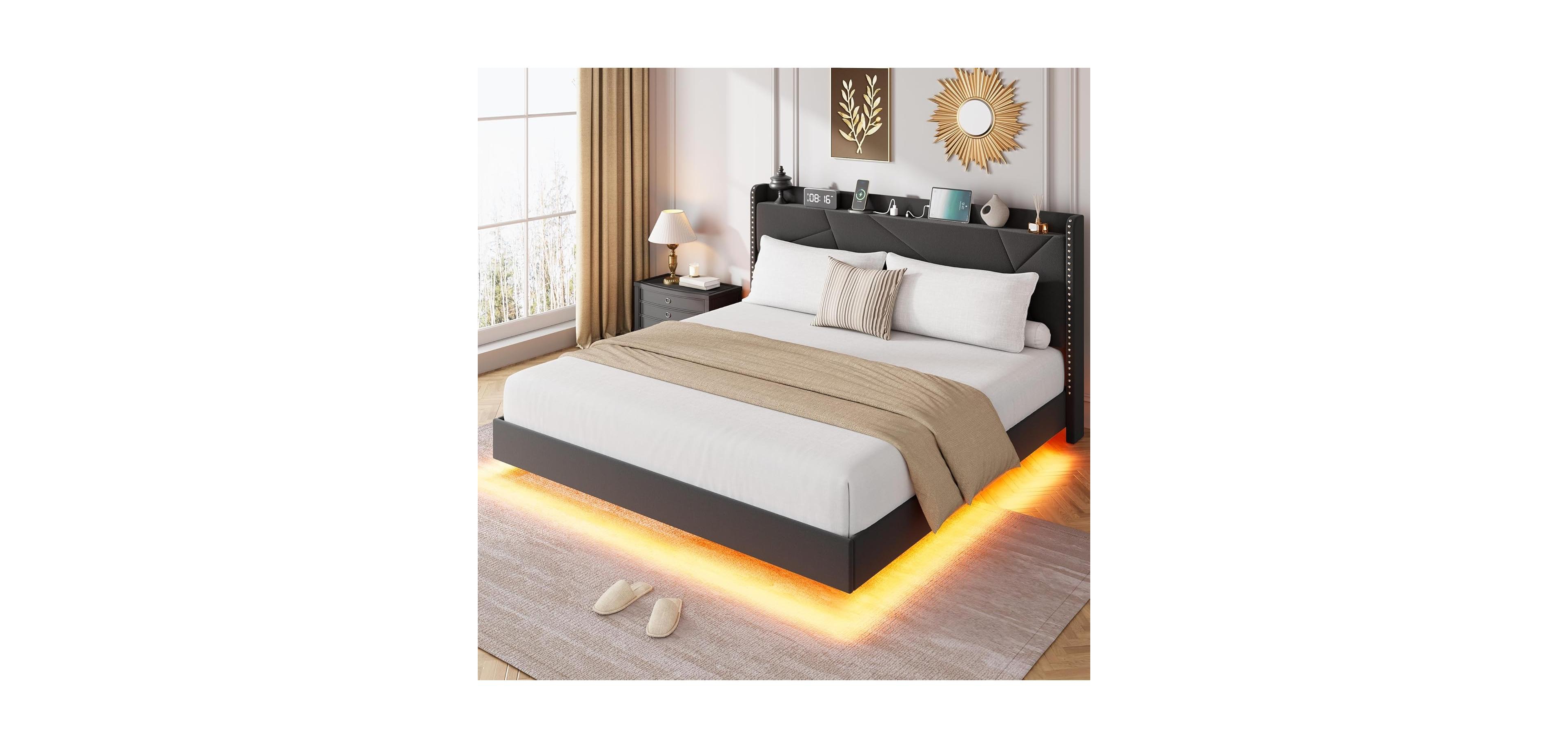 gaomon Floating Bed Frame with Led Lights & Charging Station