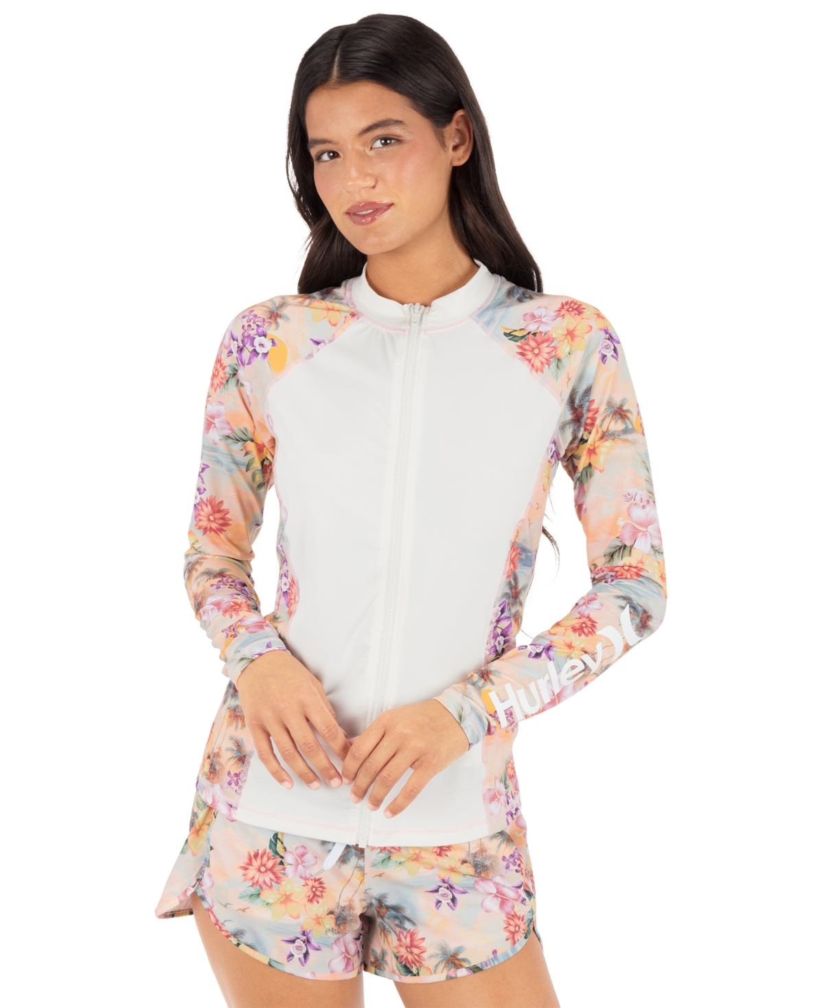 Hurley Women's Scenic Sunset Long-Sleeve Front-Zip Rashguard - Shell Pink Multi