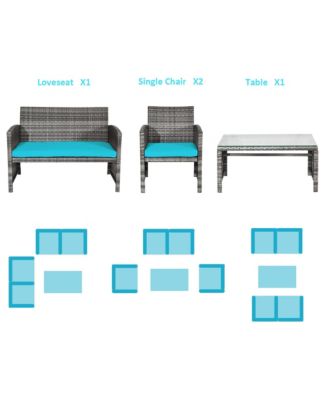 8PCS Patio Outdoor Rattan Conversation Furniture Set w/ Turquoise Cushion