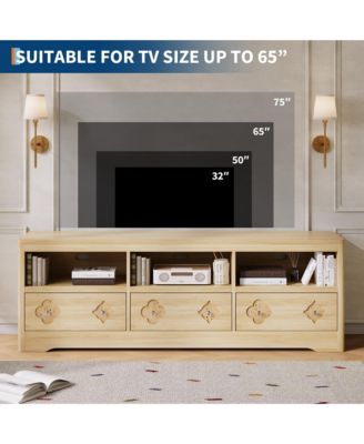 70in TV Stand for TVs Up to 85", Mid Century Modern Entertainment Center with Storage Engraving Drawer and Open Shelves