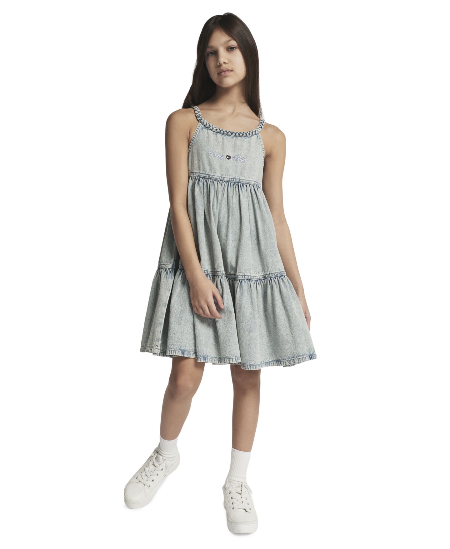 Платье Tommy Hilfiger Rope Trim Scoop Neck Denim Dress для девочек, цвет: Выбеленный варёный — фото 1