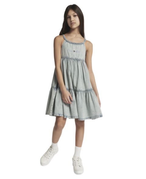 Платье Tommy Hilfiger Rope Trim Scoop Neck Denim Dress для девочек, цвет: Выбеленный варёный