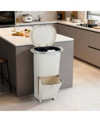 10 Gallon Kitchen Trash Can with Lid, 2 Removable Buckets, Step Pedal & Wheels