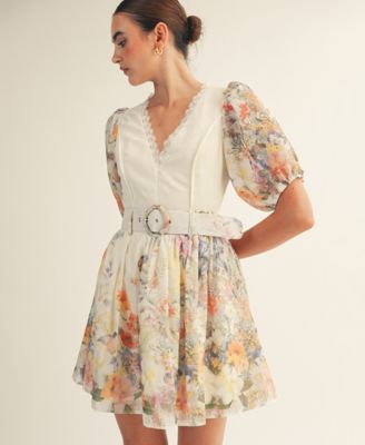 Women's Floral Garden Border Print Belted Mini Dress