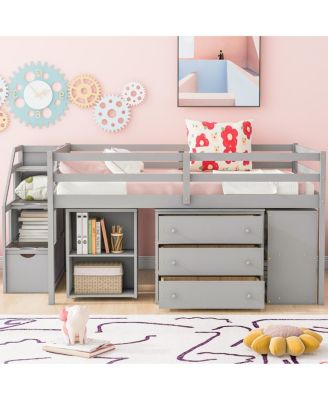 Full Size Loft Bed with Desk, Storage Stairs and Shelves