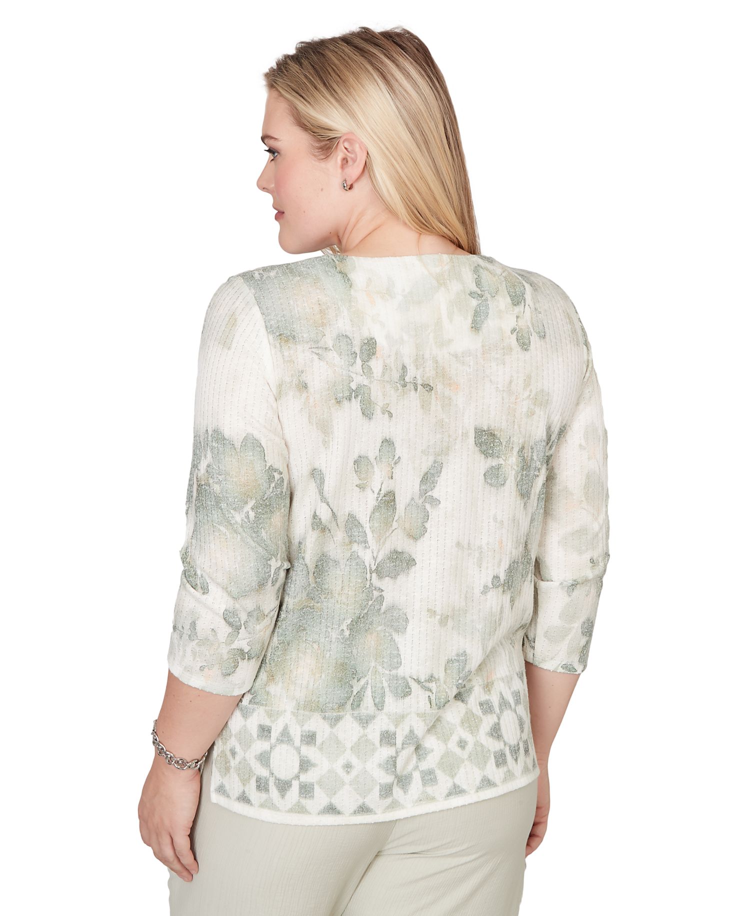 Petite Charm Floral Tonal Border Embellished Crew Neck Top
