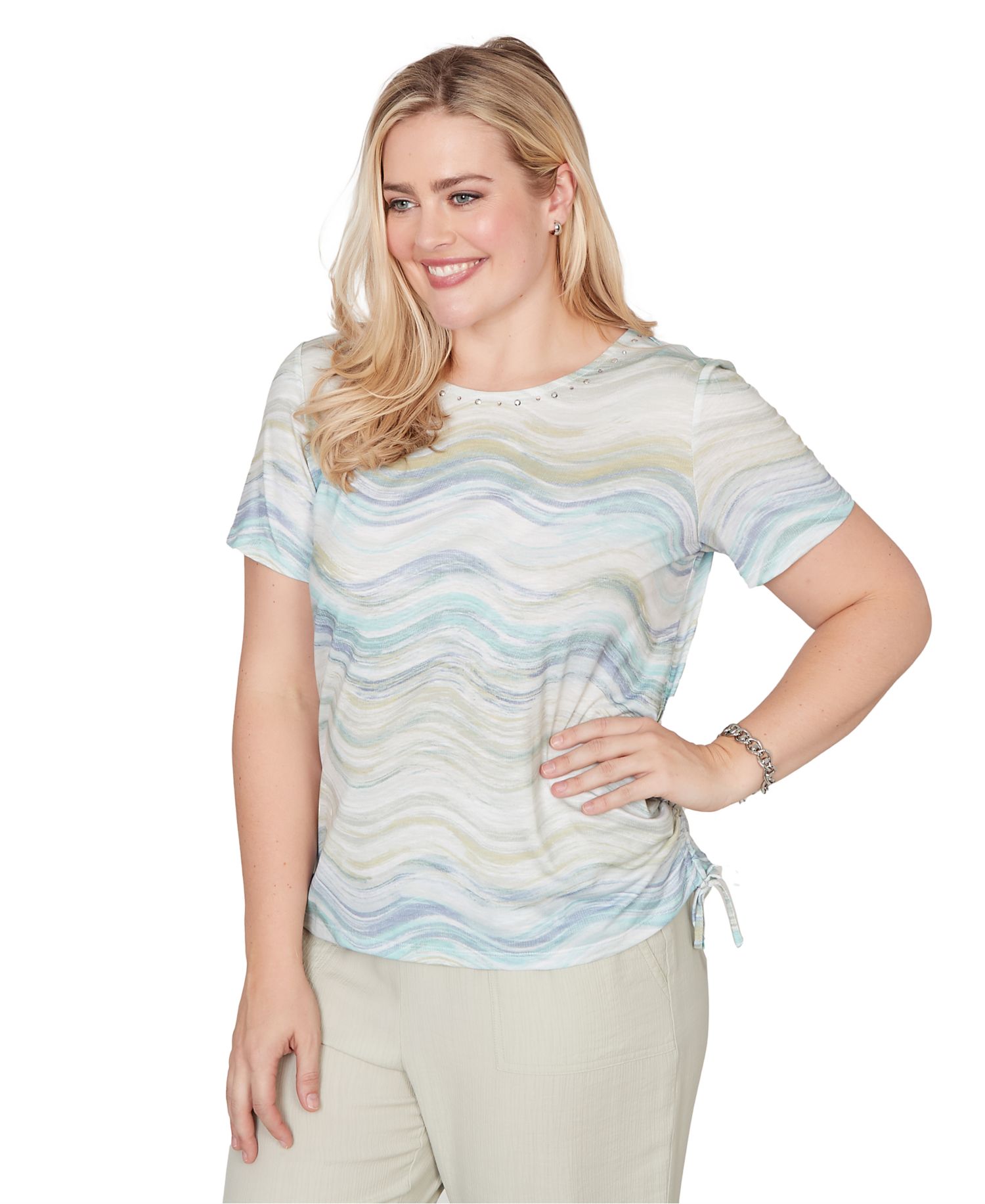 Petite Wavy Biadere Side-Tie Crew Neck Ruched Top