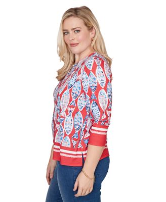 Petite Port Side Mosaic Fish Split Beaded Neck Top