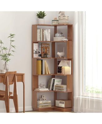 5 Tier L-Shaped Corner Bookshelf, Wooden Open Display Shelves and Storage Rack with Anti-Drop Panels for Living Room or Home Office