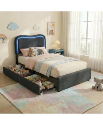 Boucle Bed Frame with 2 Storage Drawers, Upholstered Platform Bed with LED Headboard and Solid Wood Slats