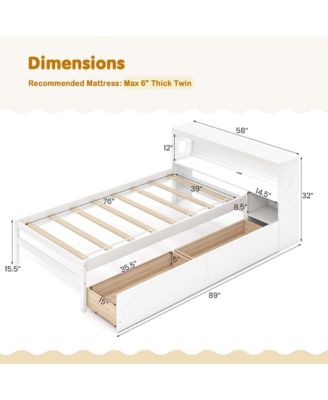 Twin Size Bed Frame with LED Light & Power Outlet Bookcase Headboard Drawers