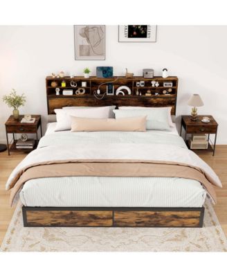 King Bed Frame with Charging Station Storage Headboard Under-bed Storage Space