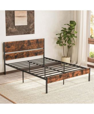 Queen Size Bed Frame with Wooden Headboard Under-Bed Storage No Box Spring Needed