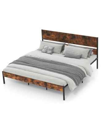 King Size Bed Frame with Wooden Headboard Under-Bed Storage No Box Spring Needed