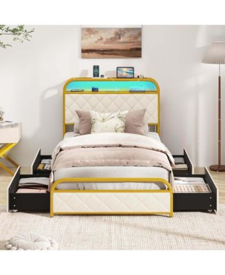 Twin Size Bed Frame with LED Lights & Charging Station Storage Headboard & Drawers