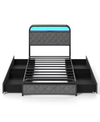 Twin Size Bed Frame with LED Lights & Charging Station Storage Headboard & Drawers