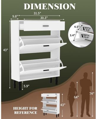 Space-Saving Narrow Shoe Cabinet for Entryway  Dual Turn Drawers Freestanding Shoe Organizer 3Tier Adjustable Shelves Fits Slippers Sneakers