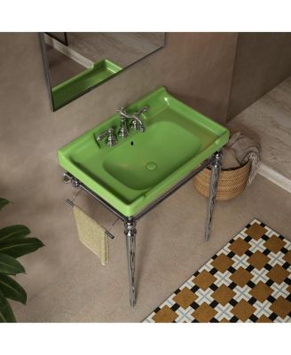 Bathroom Console Sink with Ceramic Vanity, Wall Mounted Basin & Stainless Steel Legs, Towel Bar Included