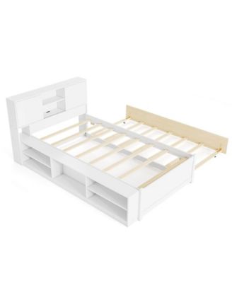 Twin Size Bed Frame with Trundle & Power Outlet Bookcase Headboard Sliding Doors