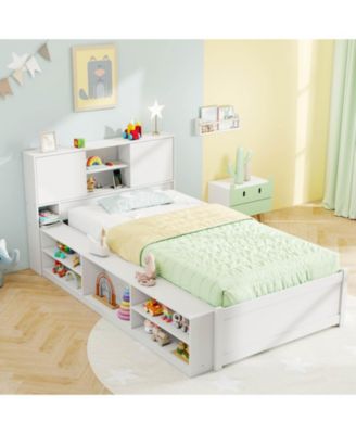 Twin Size Bed Frame with Trundle & Power Outlet Bookcase Headboard Sliding Doors