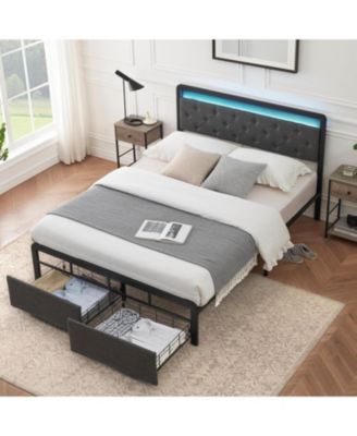  Bed Frame with LED Lights and 2 Storage Drawers Headboard,Upholstered Bed Frame  with Under Bed Storage,Non-Slip and Noise-Free