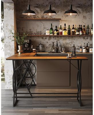 63" Bar Table, Long Counter Height Table, Modern Kitchen Bar Height Table with Footrest & Wheel-Shaped Legs