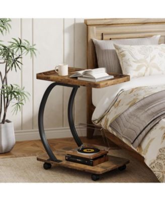 C-Shaped End Table, Industrial 2-Tier Small Side Table with Wheels, Wood Bedside Snack Couch Table with Metal Frame.